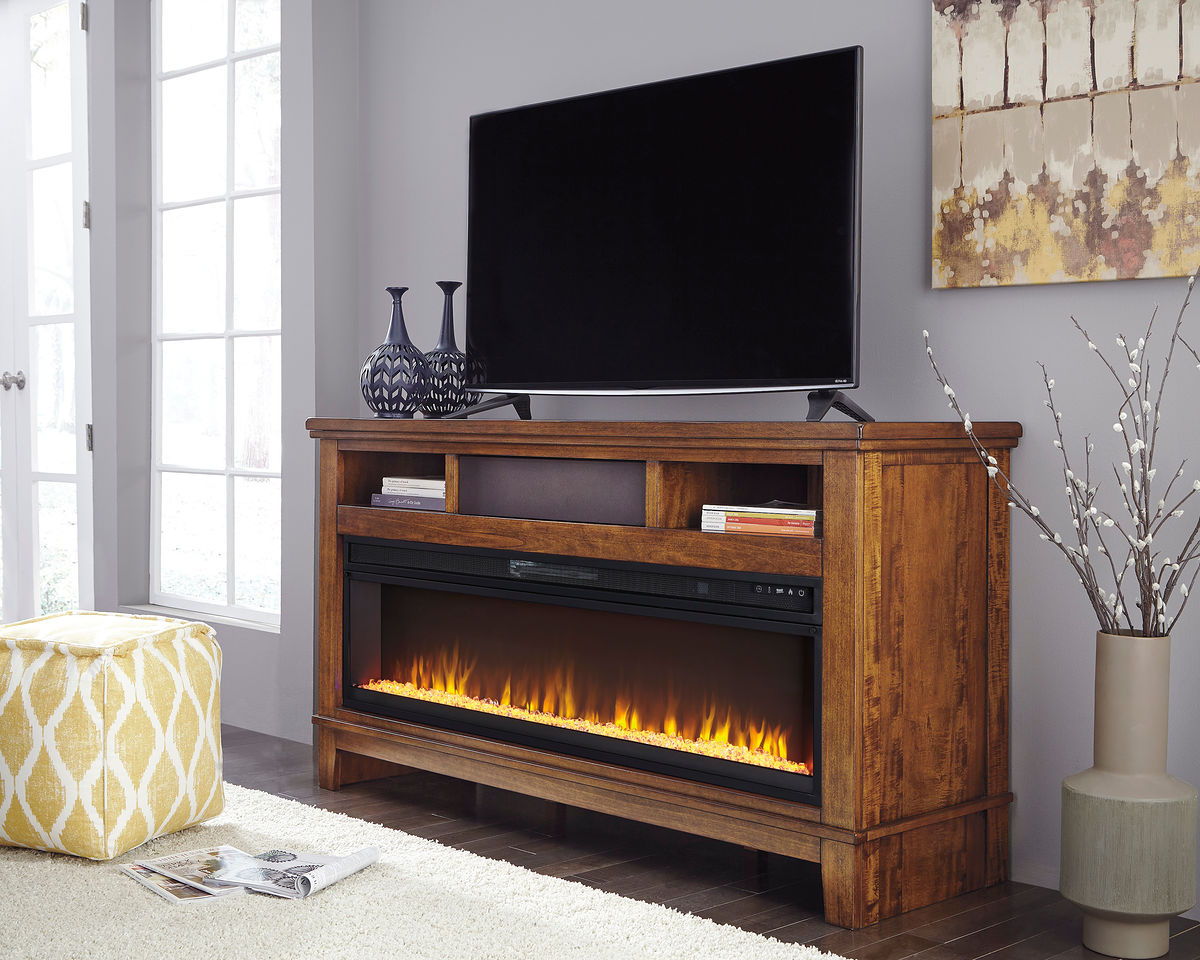 Ralene Medium Brown Xl Tv Stand With Wide Fireplace Insert And Small