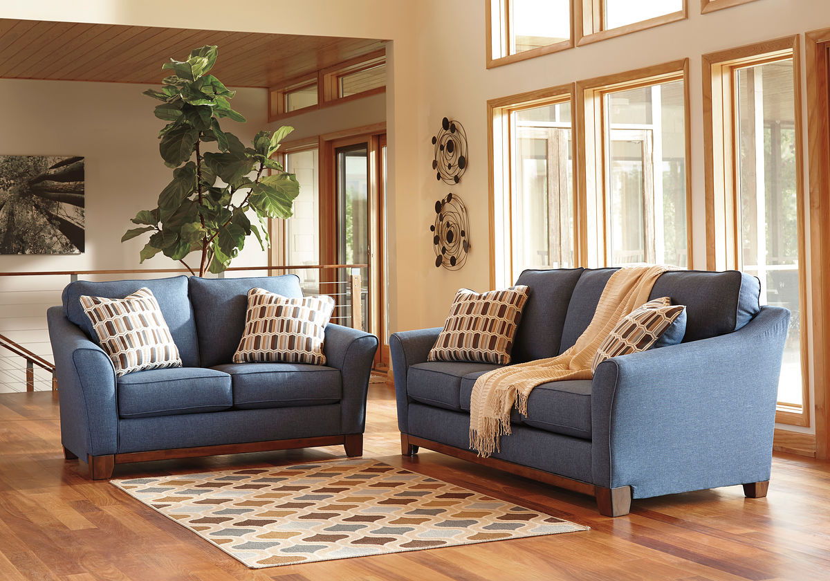 Lane Home Furnishings Living Room Full Apartment Sofa - Mia Denim/Swivel  Desert 9025-03F-9166A.