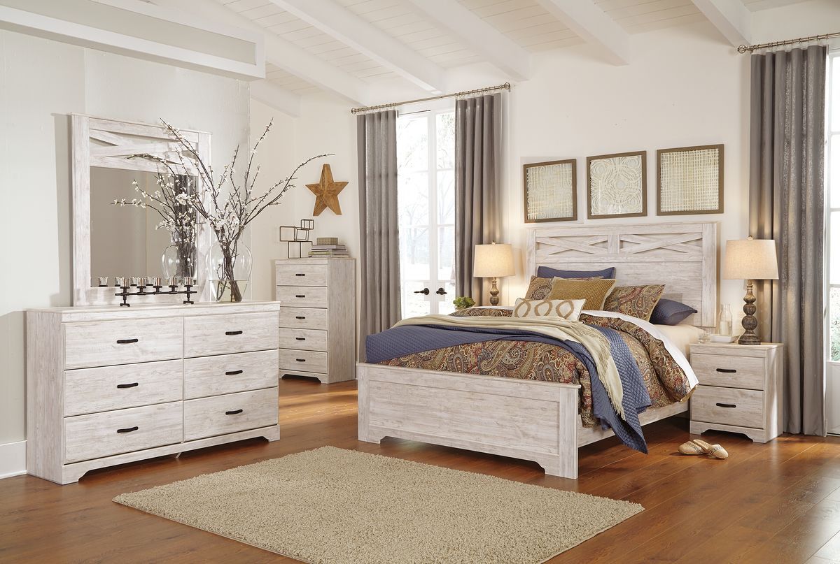 Briartown - Whitewash - 6 Pc. - Dresser, Mirror, Chest & Queen Panel