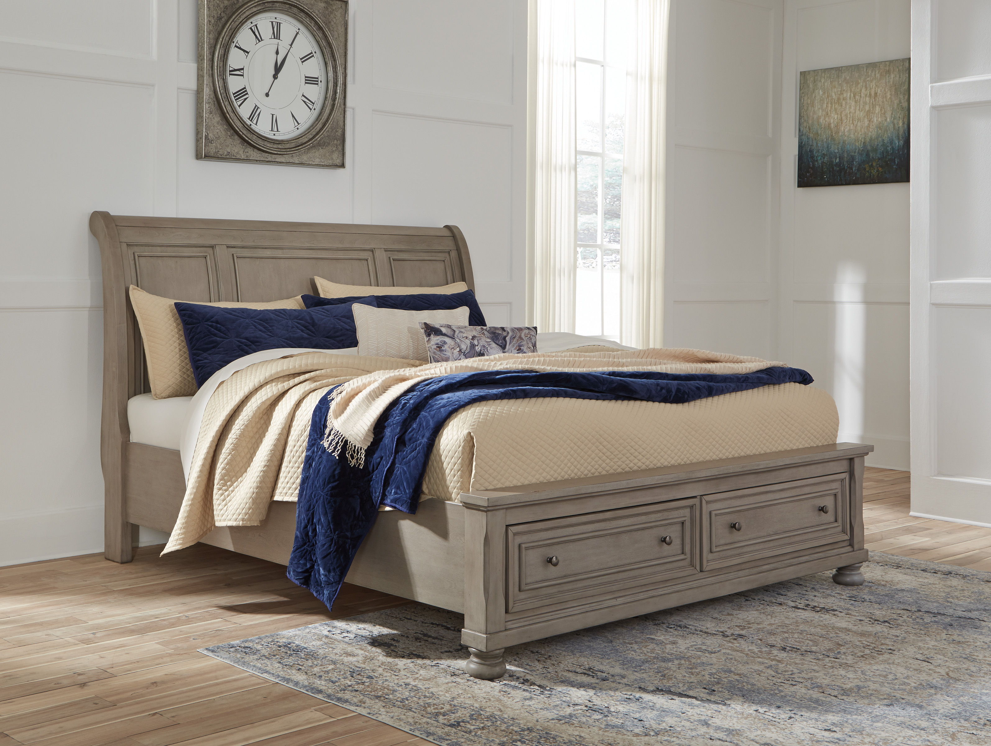 Lettner Light Gray King Sleigh Bed With 2 Storage Drawers Ez Furniture Sales And Leasing