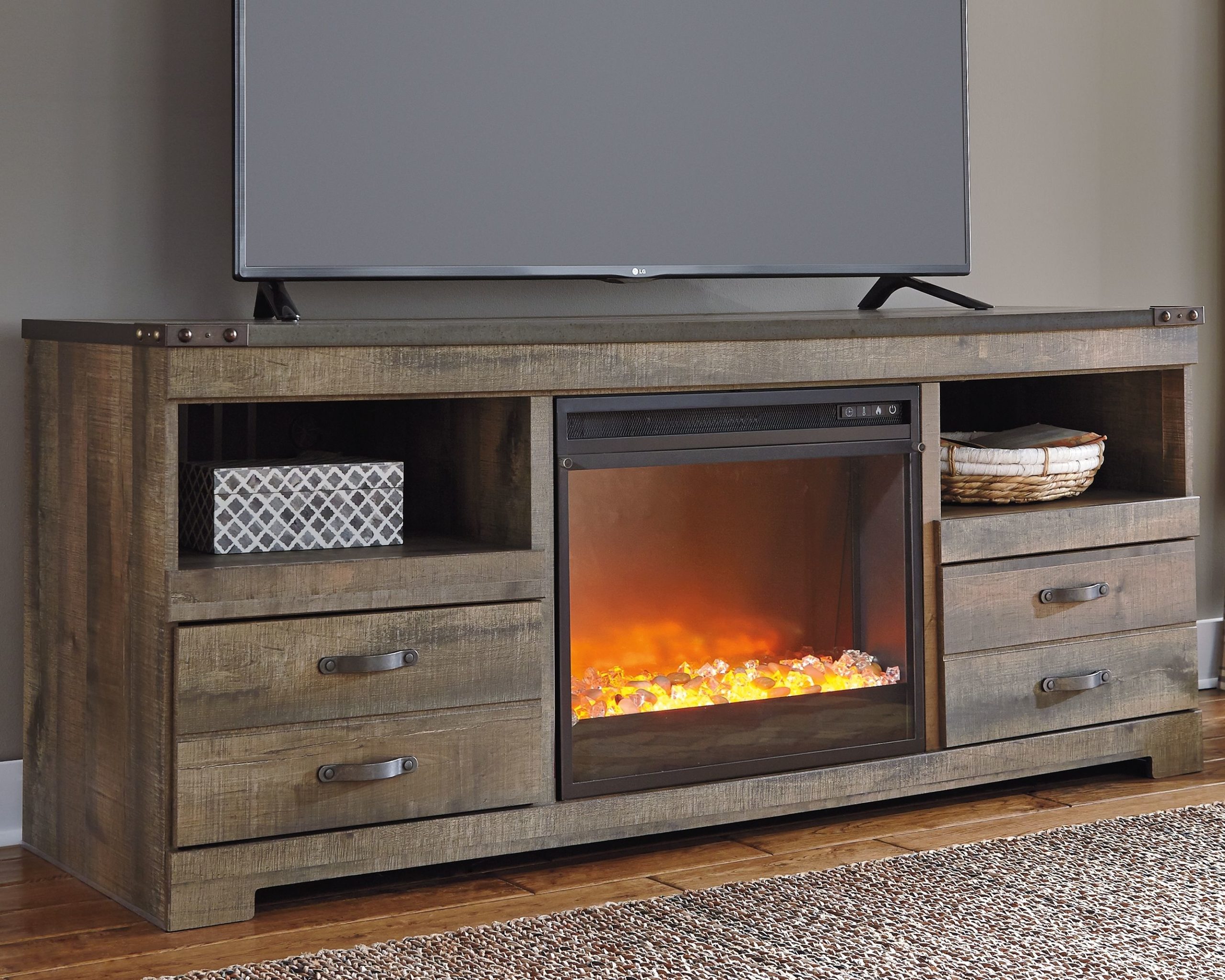 Trinell - Brown - LG TV Stand with Fireplace Insert Glass ...