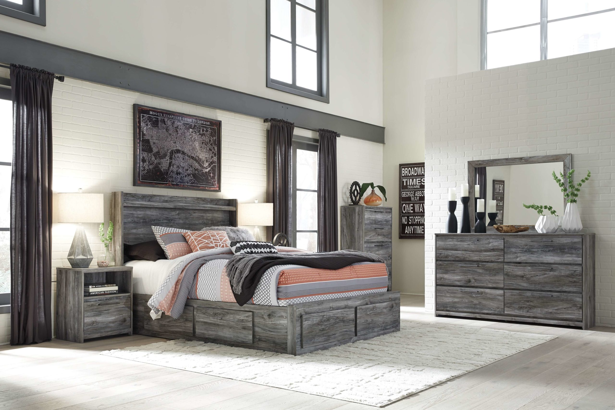 ashley furniture - baystorm - gray - king panel bed with 4 storage