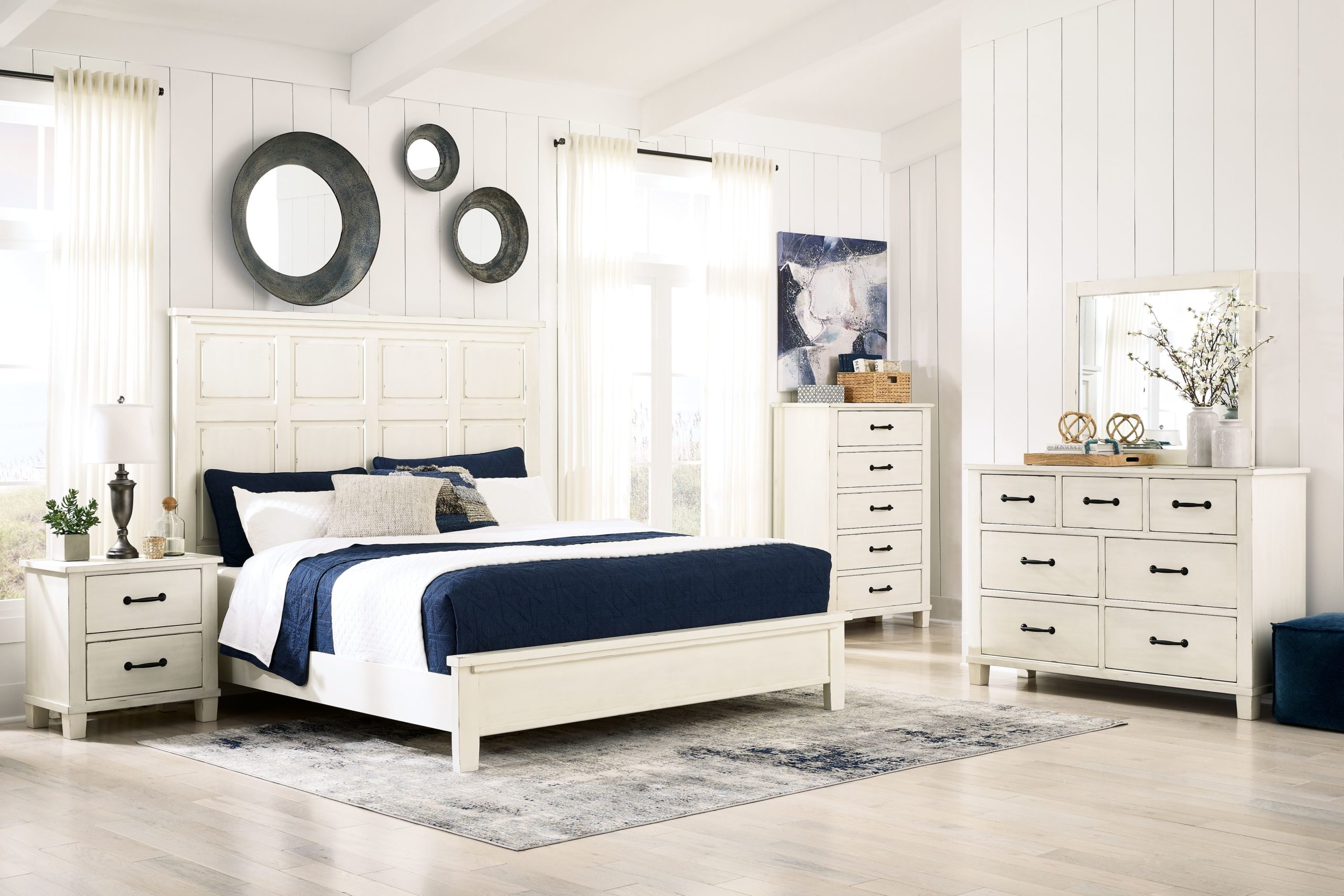 Ashley Furniture - Braunter - Aged White - 4 Pc. - Dresser, Mirror, Queen Panel Bed - EZ Furniture Sales & Leasing