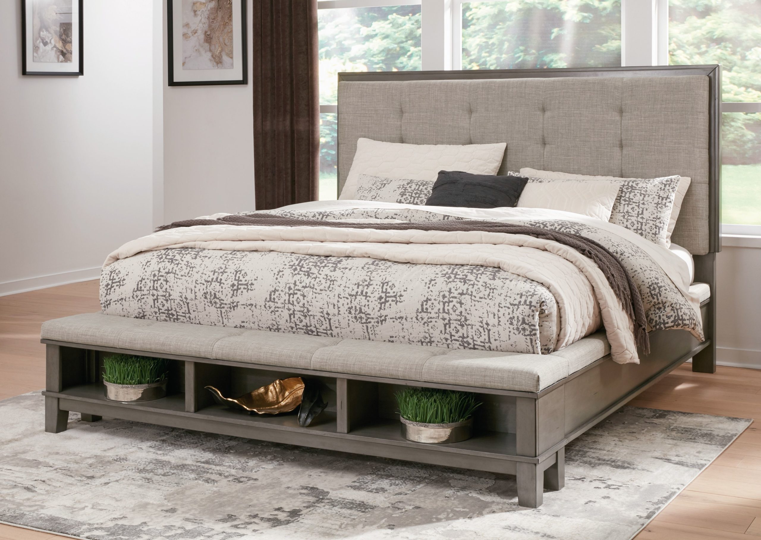 Hyndell Dark Brown King Upholstered Panel Bed with Storage