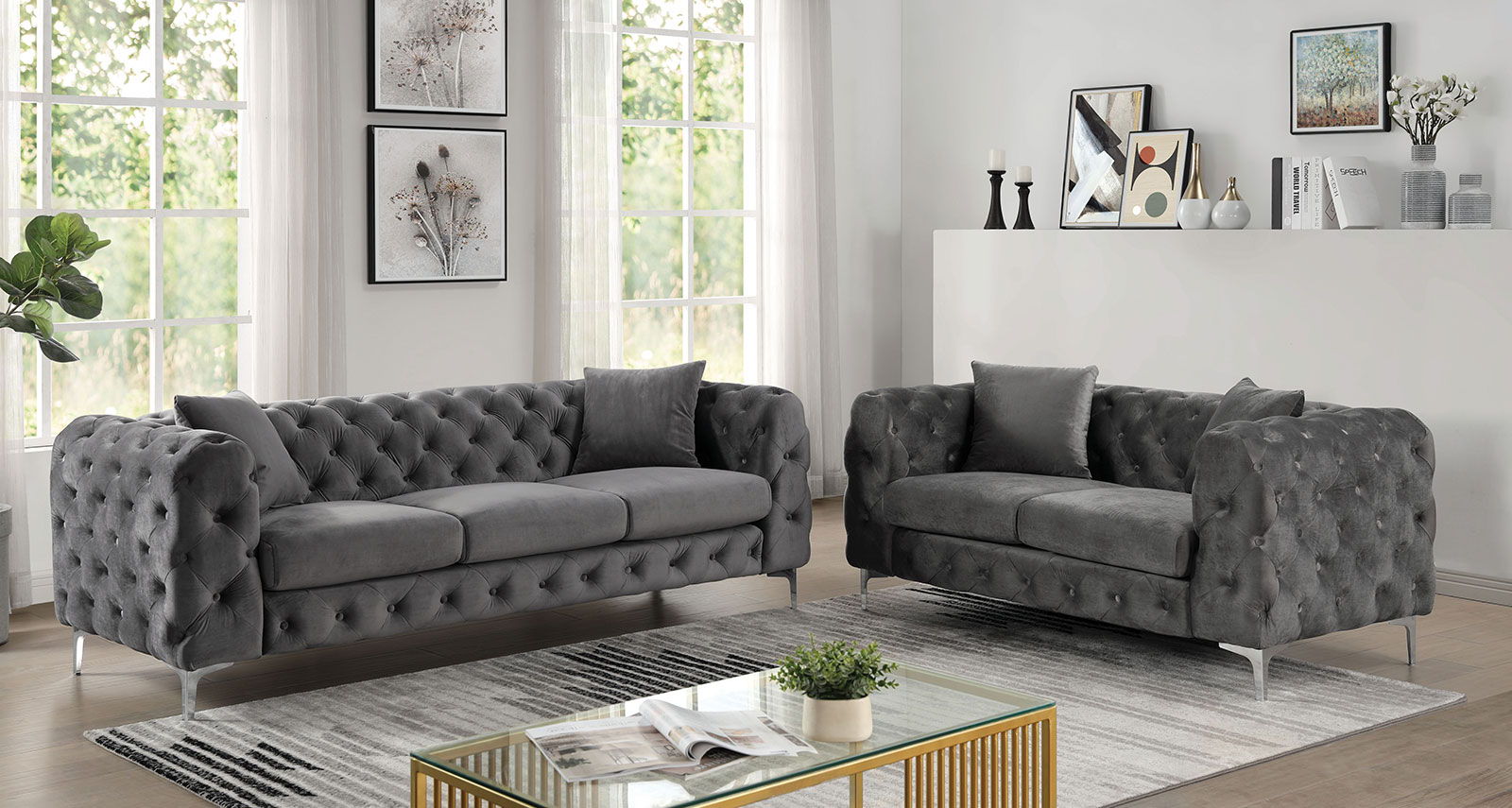 Furniture of America Goddart 68 in. Gray Polyester 2-Seats Loveseats with Pillows